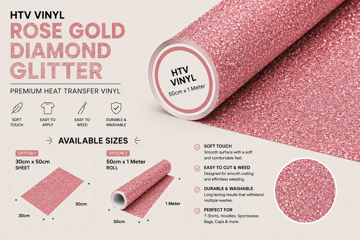 Crafted ByU Rose Gold Diamond Glitter Heat Transfer Vinyl For T-Shirt Iron On Vinyl Roll product guide showing the colour, finish and available options
