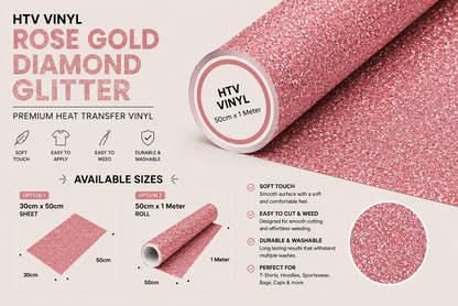 Crafted ByU Rose Gold Diamond Glitter Heat Transfer Vinyl For T-Shirt Iron On Vinyl Roll product guide showing the colour, finish and available options