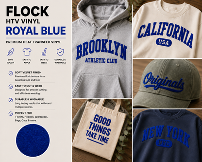 Crafted ByU Royal Blue Flock HTV Vinyl Soft Velvet Heat Transfer Vinyl application examples on finished custom craft projects