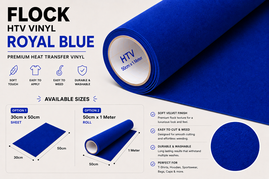 Crafted ByU Royal Blue Flock HTV Vinyl Soft Velvet Heat Transfer Vinyl product guide showing the colour, finish and available options