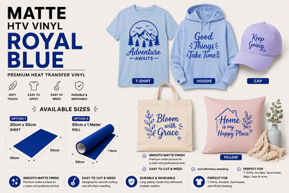 Crafted ByU Royal Blue Heat Transfer Vinyl For T-Shirt Iron On Vinyl Roll application examples on finished custom craft projects