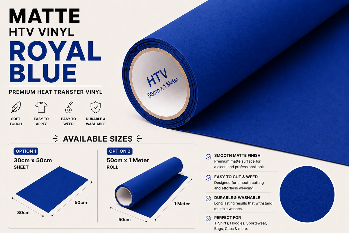 Crafted ByU Royal Blue Heat Transfer Vinyl For T-Shirt Iron On Vinyl Roll product guide showing the colour, finish and available options