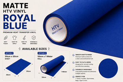 Crafted ByU Royal Blue Heat Transfer Vinyl For T-Shirt Iron On Vinyl Roll product guide showing the colour, finish and available options