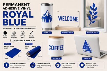 Royal Blue Matte Permanent Adhesive Vinyl application examples on tumbler, acrylic sign, window, storage container and laptop