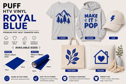 Royal Blue Puff HTV Vinyl application examples on T-shirt, hoodie, cap, tote bag and cushion
