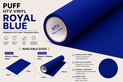 Royal Blue Puff HTV Vinyl product information, features and available sizes