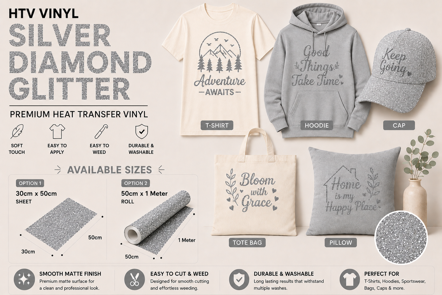 Crafted ByU Silver Diamond Glitter Heat Transfer Vinyl For T-Shirt Iron On Vinyl Roll application examples on finished custom craft projects