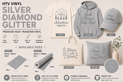 Crafted ByU Silver Diamond Glitter Heat Transfer Vinyl For T-Shirt Iron On Vinyl Roll application examples on finished custom craft projects