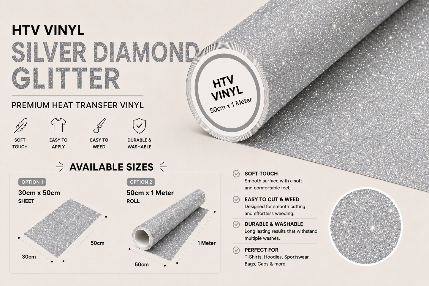 Crafted ByU Silver Diamond Glitter Heat Transfer Vinyl For T-Shirt Iron On Vinyl Roll product guide showing the colour, finish and available options