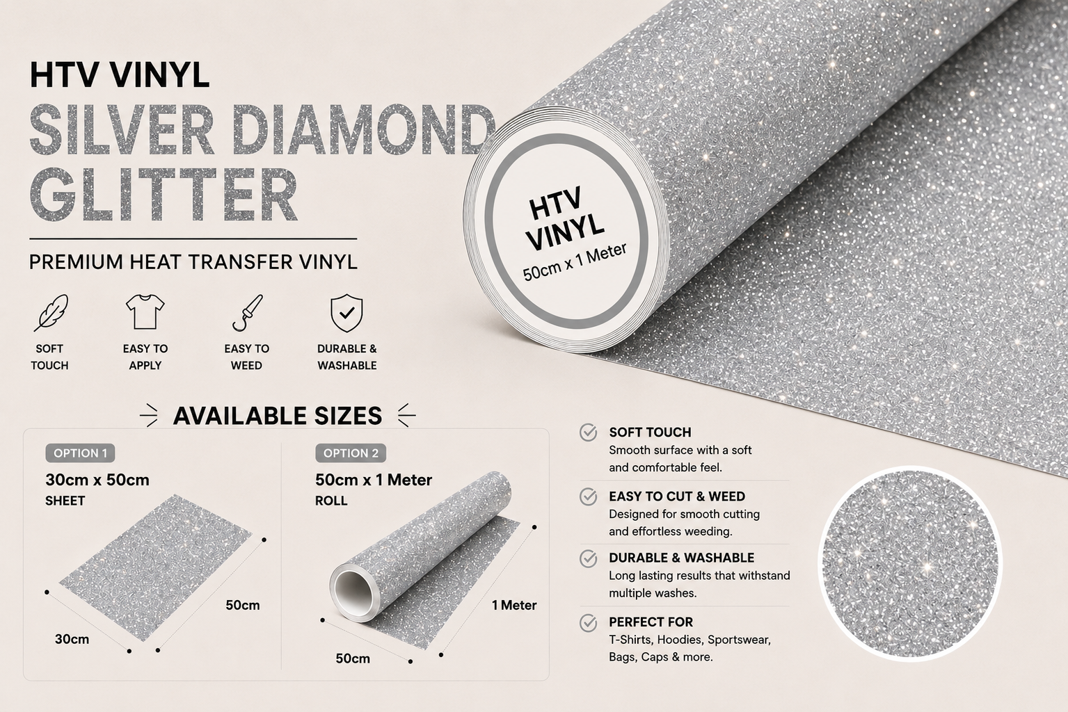 Crafted ByU Silver Diamond Glitter Heat Transfer Vinyl For T-Shirt Iron On Vinyl Roll product guide showing the colour, finish and available options