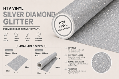 Crafted ByU Silver Diamond Glitter Heat Transfer Vinyl For T-Shirt Iron On Vinyl Roll product guide showing the colour, finish and available options