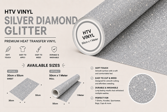 Crafted ByU Silver Diamond Glitter Heat Transfer Vinyl For T-Shirt Iron On Vinyl Roll product guide showing the colour, finish and available options