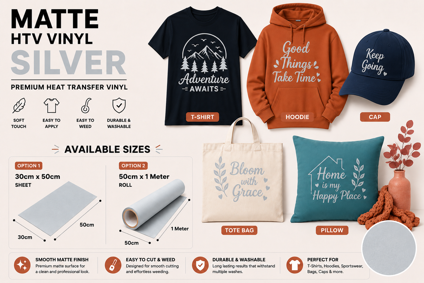 Crafted ByU Silver Heat Transfer Vinyl For T-Shirt Iron On Vinyl Roll application examples on finished custom craft projects