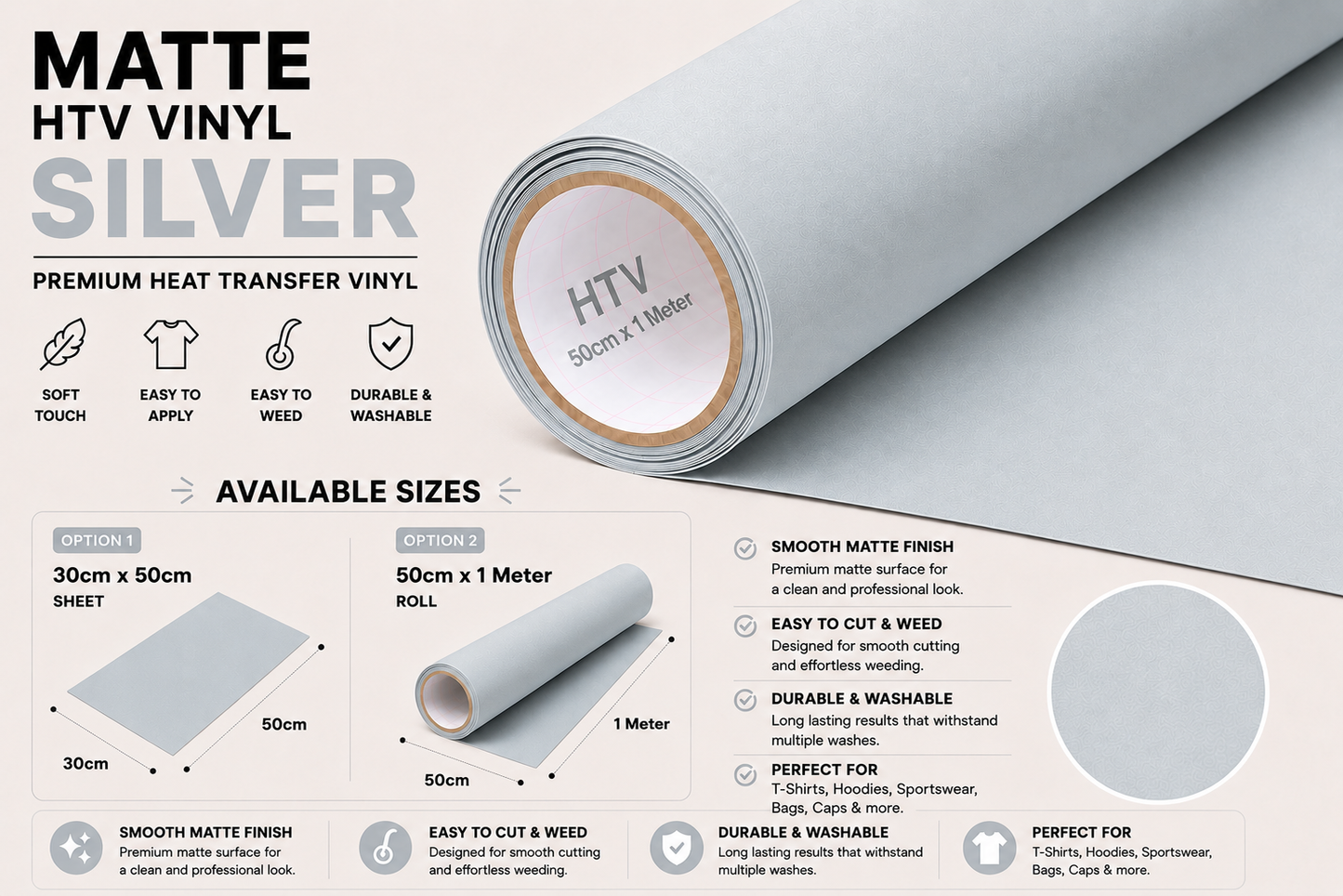 Crafted ByU Silver Heat Transfer Vinyl For T-Shirt Iron On Vinyl Roll product guide showing the colour, finish and available options
