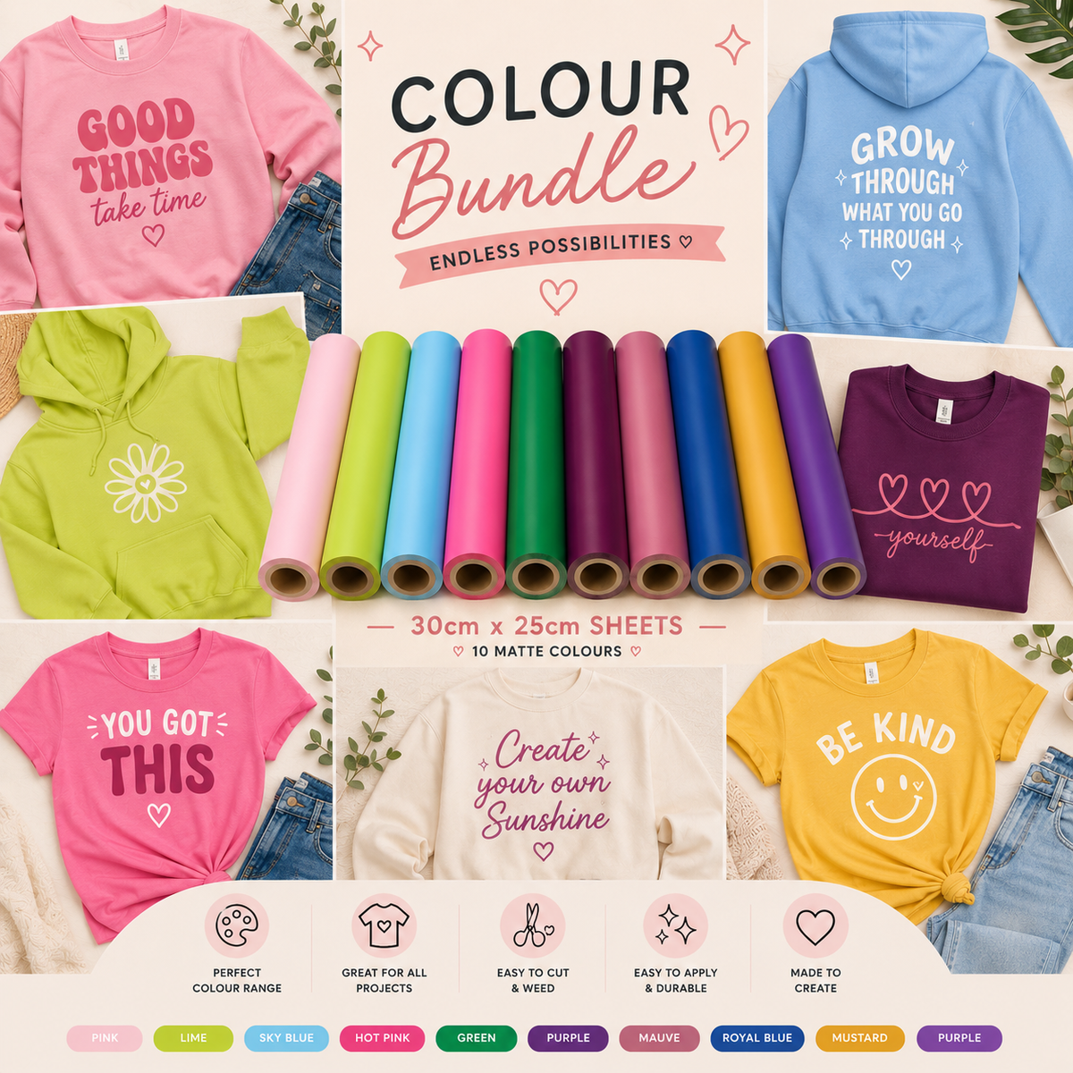 Crafted ByU Ultimate Colour Bundle Matte HTV Collection (10 Sheets) application examples on finished custom craft projects