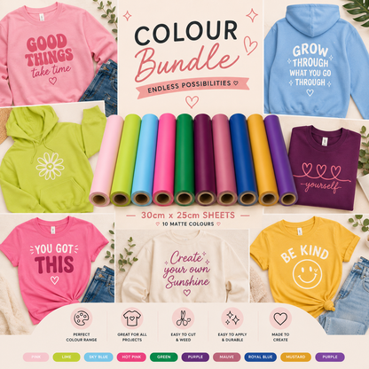 Crafted ByU Ultimate Colour Bundle Matte HTV Collection (10 Sheets) application examples on finished custom craft projects