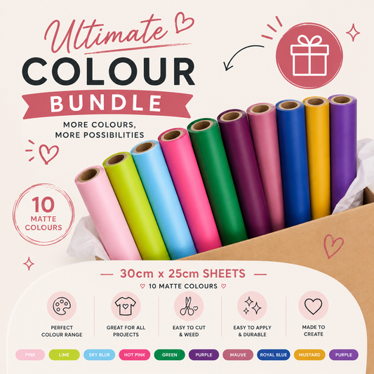 Crafted ByU Ultimate Colour Bundle Matte HTV Collection (10 Sheets) product guide showing the colour, finish and available options