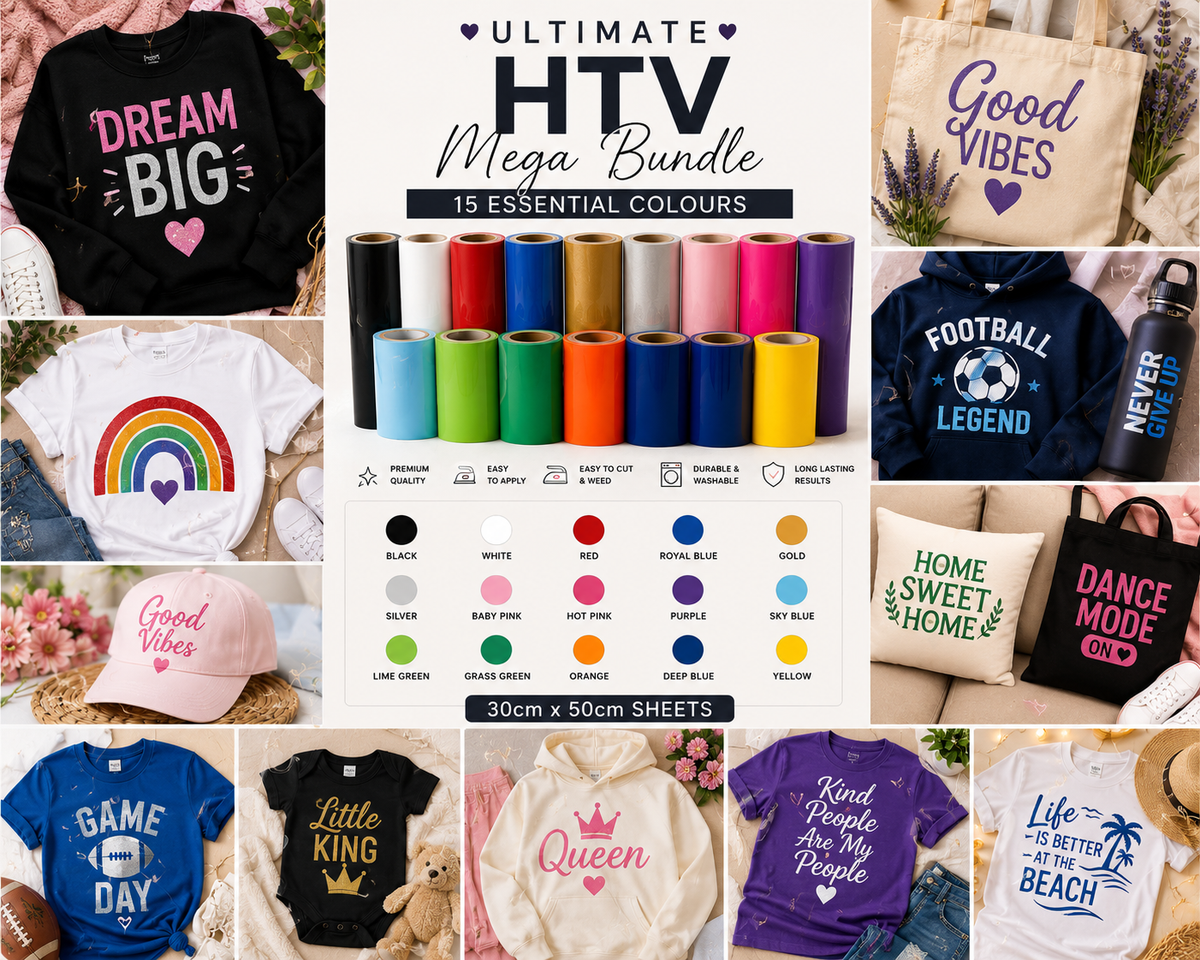 Crafted ByU Ultimate HTV Mega Bundle 15 Colours (30cm x 50cm Sheets) application examples on finished custom craft projects