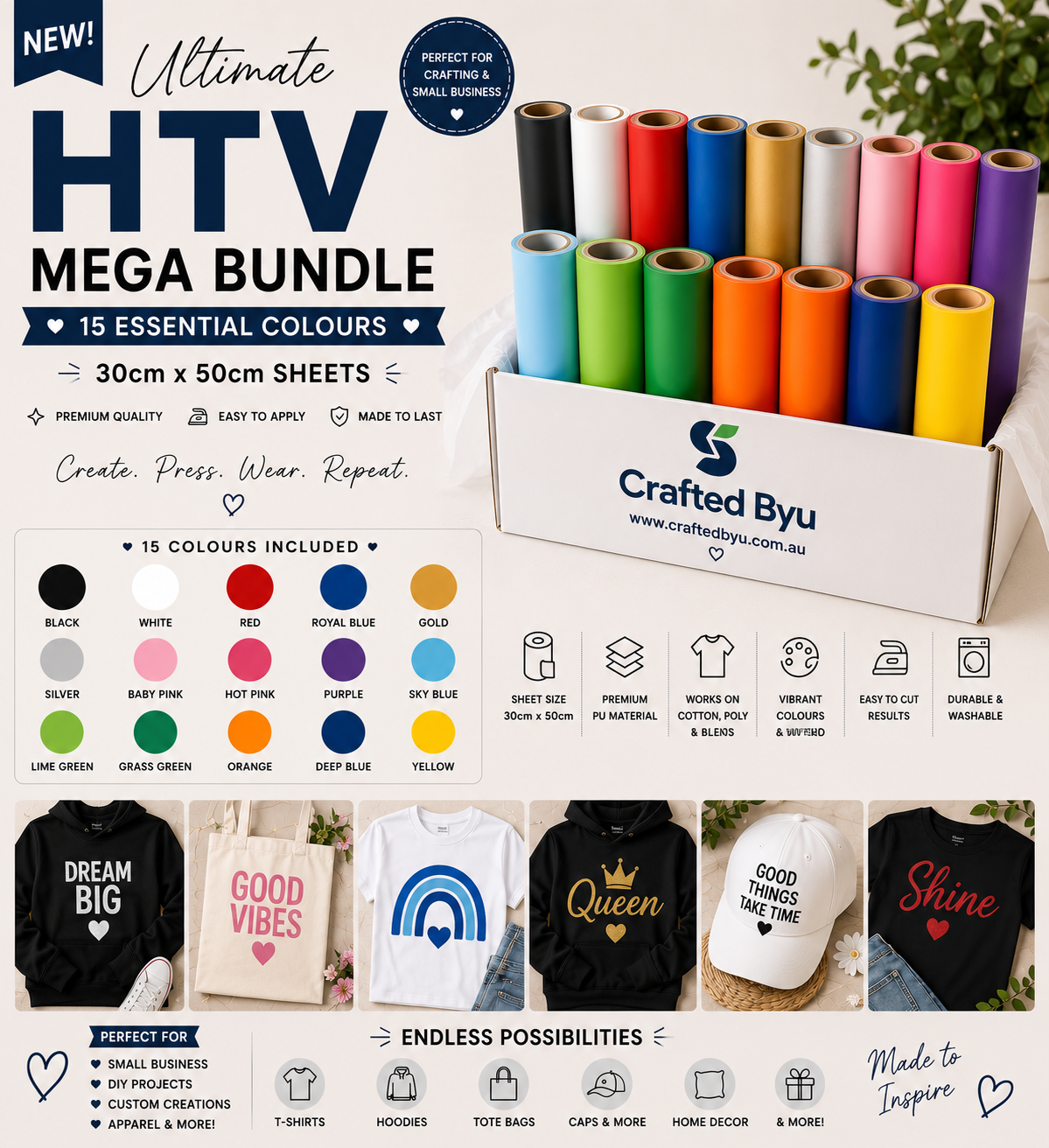 Crafted ByU Ultimate HTV Mega Bundle 15 Colours (30cm x 50cm Sheets) product guide showing the colour, finish and available options