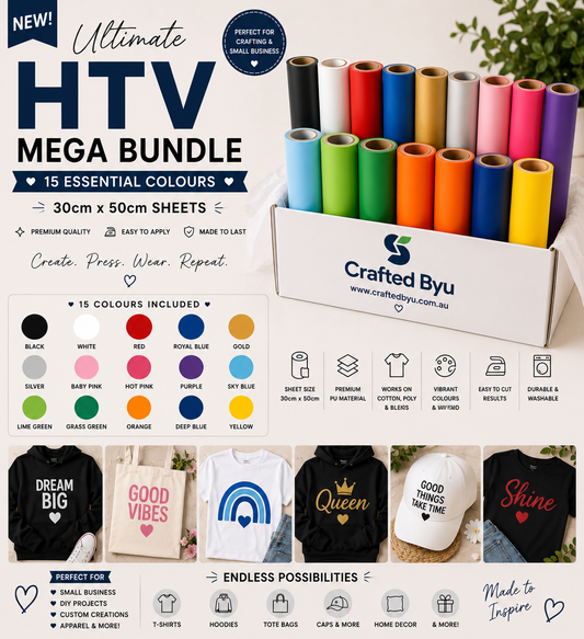 Crafted ByU Ultimate HTV Mega Bundle 15 Colours (30cm x 50cm Sheets) product guide showing the colour, finish and available options