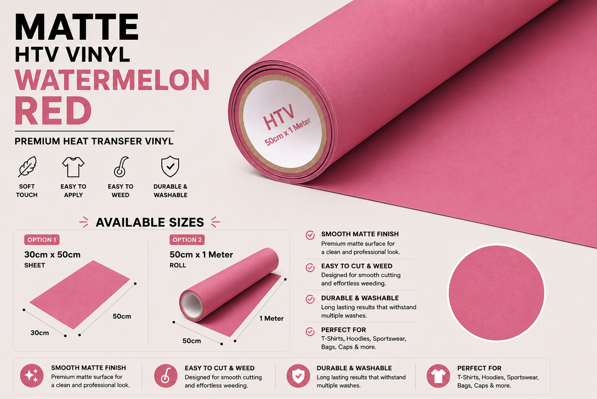 Crafted ByU Watermelon Red Heat Transfer Vinyl For T-Shirt Iron On Vinyl Roll product guide showing the colour, finish and available options