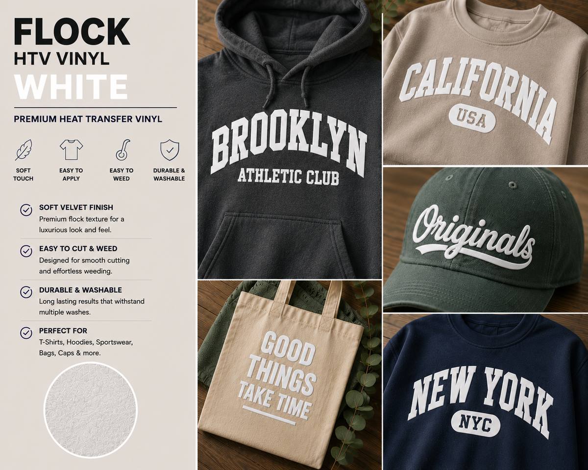 Crafted ByU White Flock HTV Vinyl Soft Velvet Heat Transfer Vinyl application examples on finished custom craft projects
