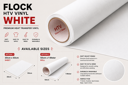 Crafted ByU White Flock HTV Vinyl Soft Velvet Heat Transfer Vinyl product guide showing the colour, finish and available options