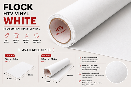 Crafted ByU White Flock HTV Vinyl Soft Velvet Heat Transfer Vinyl product guide showing the colour, finish and available options