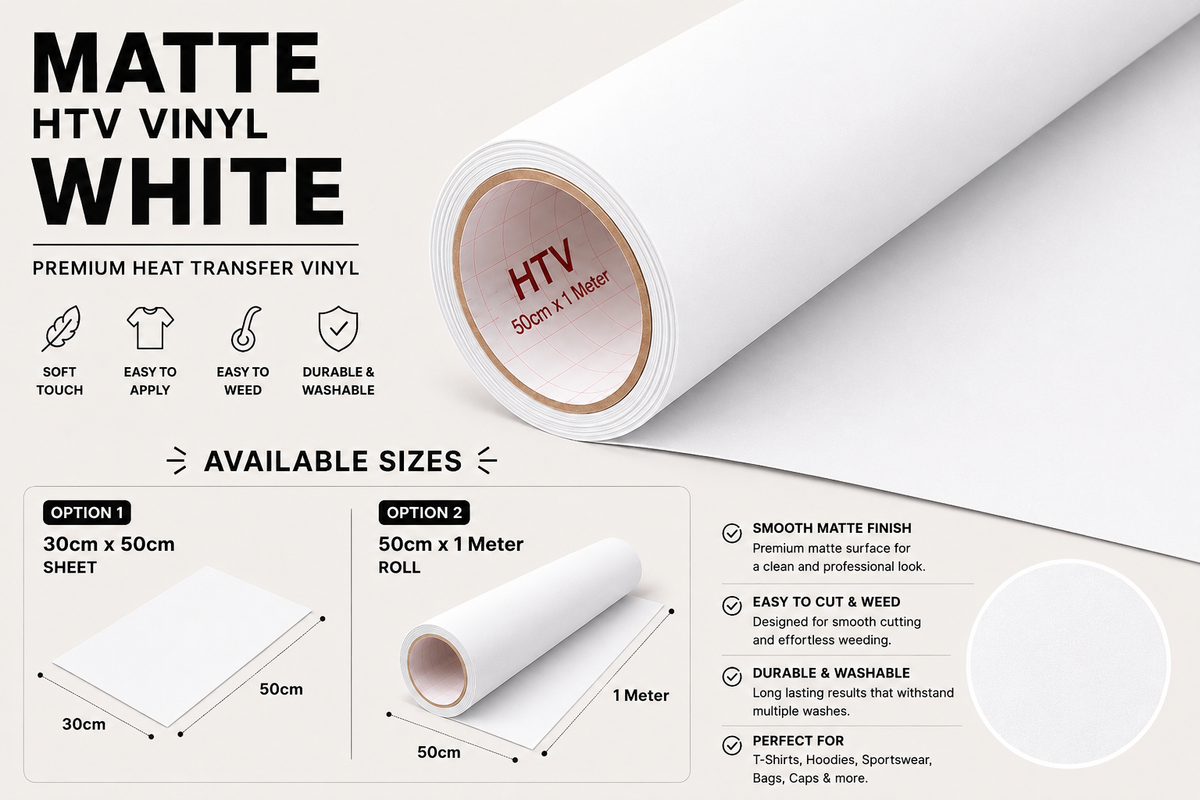 Crafted ByU white matte heat transfer vinyl size guide showing 30 x 50 cm sheet and 50 cm x 1 metre roll