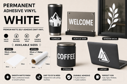 White Matte Permanent Adhesive Vinyl application examples on tumbler, acrylic sign, window, storage container and laptop