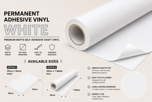 White Matte Permanent Adhesive Vinyl product information and available size variants