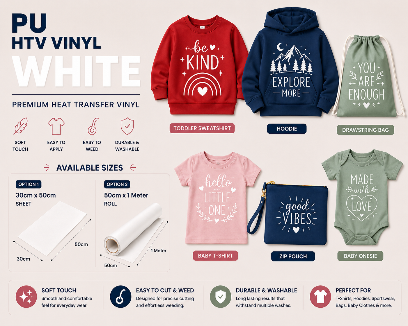 Crafted ByU White PU Heat Transfer Vinyl Roll – Premium Iron-On Vinyl for T-Shirts & Fabrics application examples on finished custom craft projects