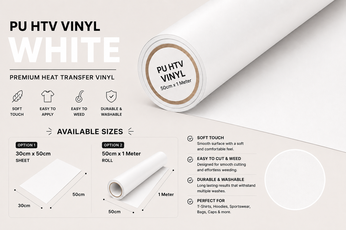 Crafted ByU White PU Heat Transfer Vinyl Roll – Premium Iron-On Vinyl for T-Shirts & Fabrics product guide showing the colour, finish and available options