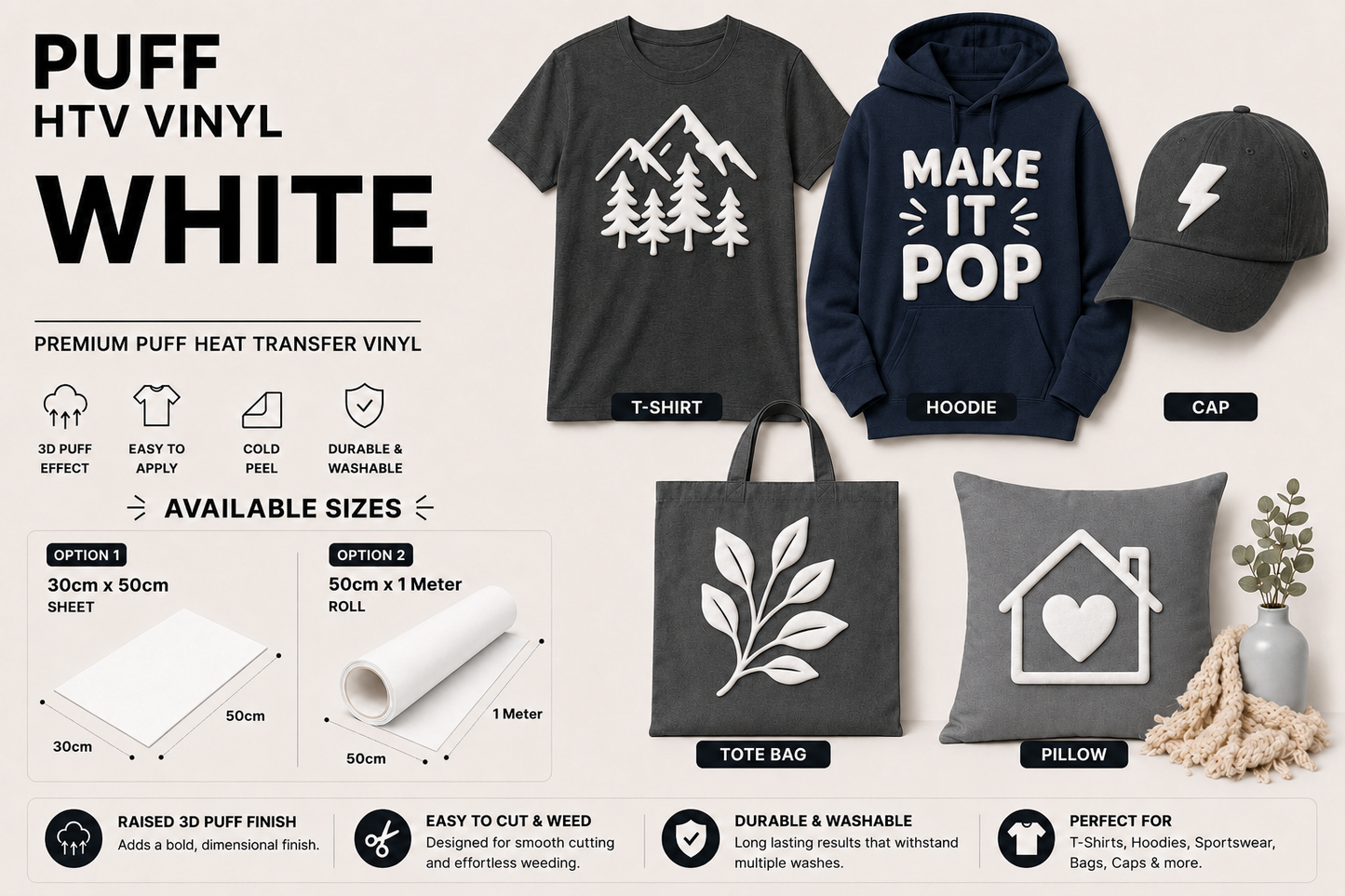 White Puff HTV Vinyl application examples on T-shirt, hoodie, cap, tote bag and cushion