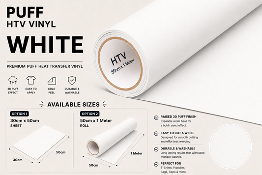 White Puff HTV Vinyl product information, features and available sizes